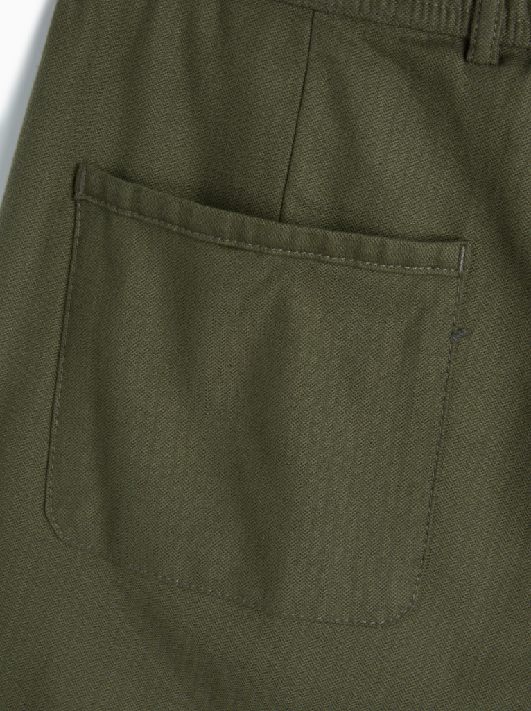 Green relaxed-fit drawstring trousers with a straight-leg cut, crafted from a midweight cotton-linen blend with a herringbone weave, featuring back pockets.