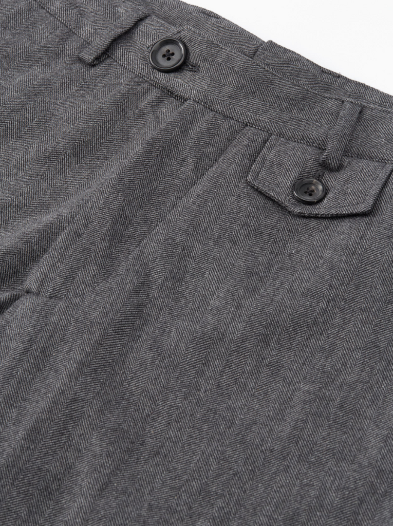 Oliver Spencer Stockbridge Charcoal Fishtail Trousers with tapered leg, cotton-wool herringbone blend, and rear V-cut waistband.