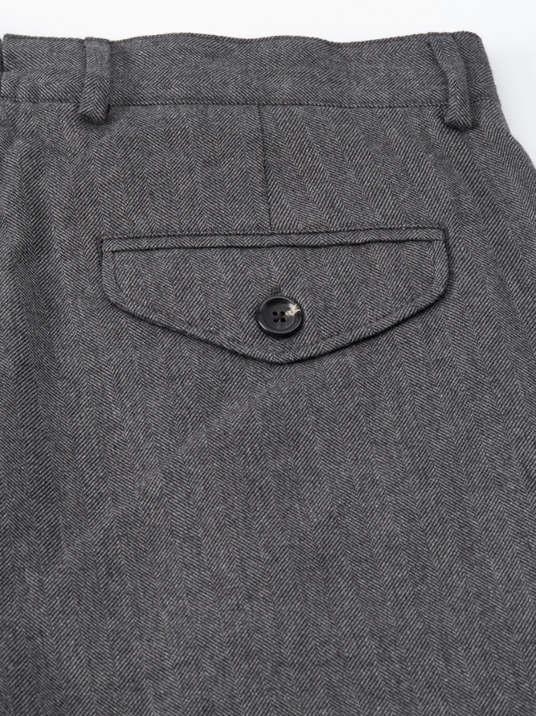 Oliver Spencer Stockbridge Charcoal Fishtail Trousers with tapered leg, cotton-wool herringbone blend, and rear V-cut waistband.
