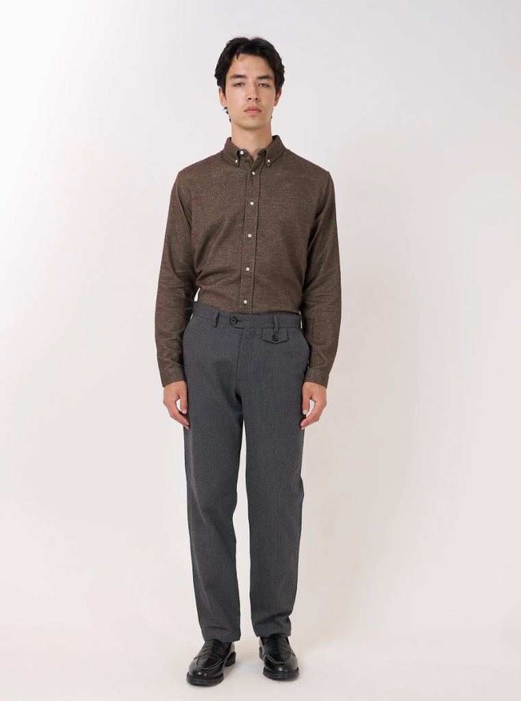 Oliver Spencer Stockbridge Charcoal Fishtail Trousers with tapered leg, cotton-wool herringbone blend, and rear V-cut waistband.