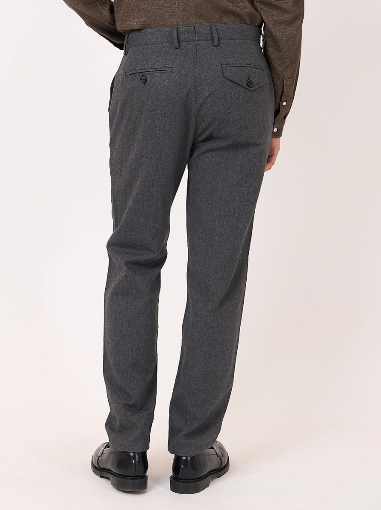 Oliver Spencer Stockbridge Charcoal Fishtail Trousers with tapered leg, cotton-wool herringbone blend, and rear V-cut waistband.