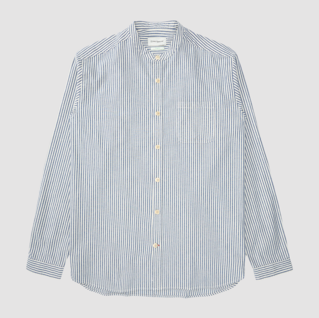 Oliver Spencer Brimham Blue Grandad Shirt with vertical candy stripes, organic cotton, and patch chest pocket.