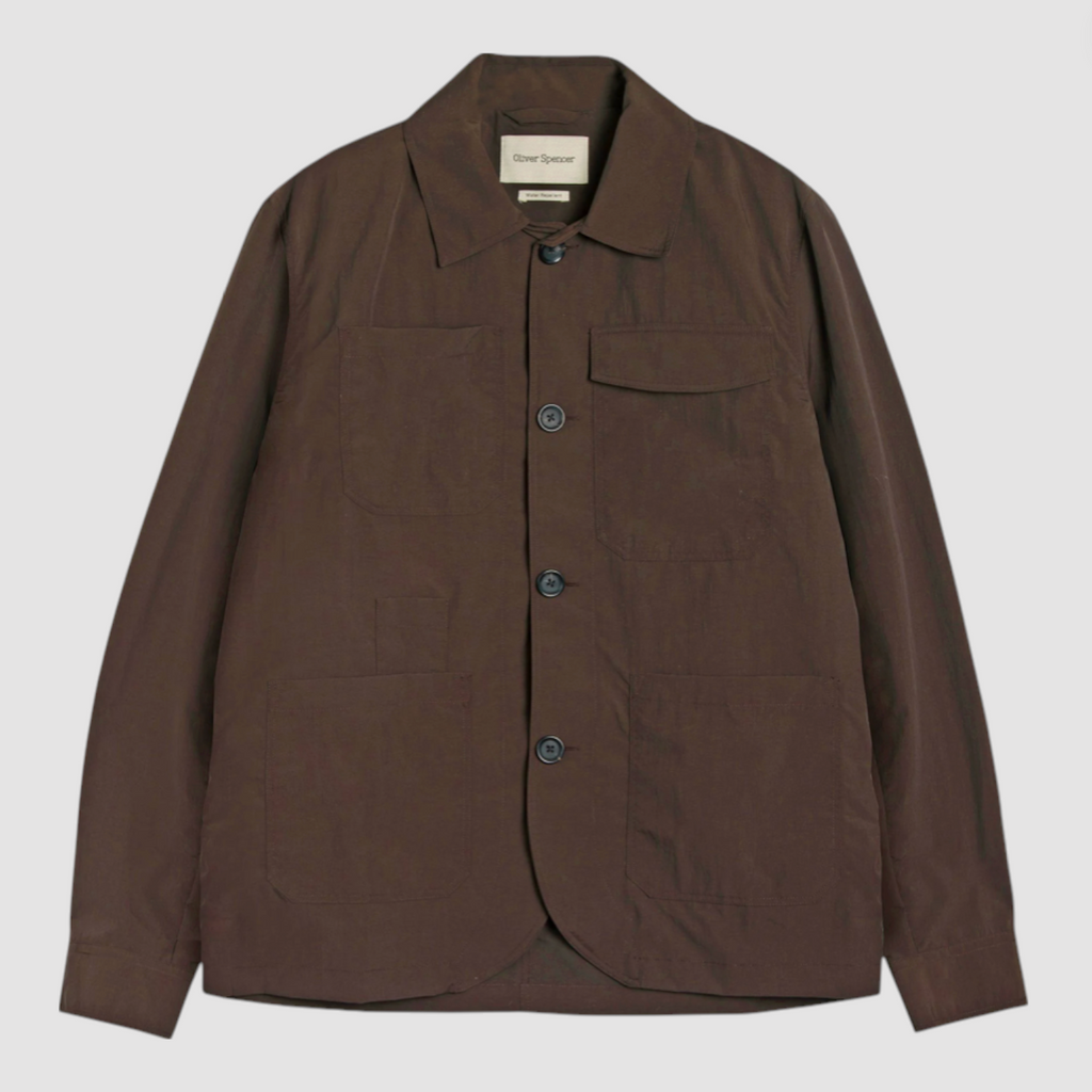 Brown jacket with button details on a light gray background