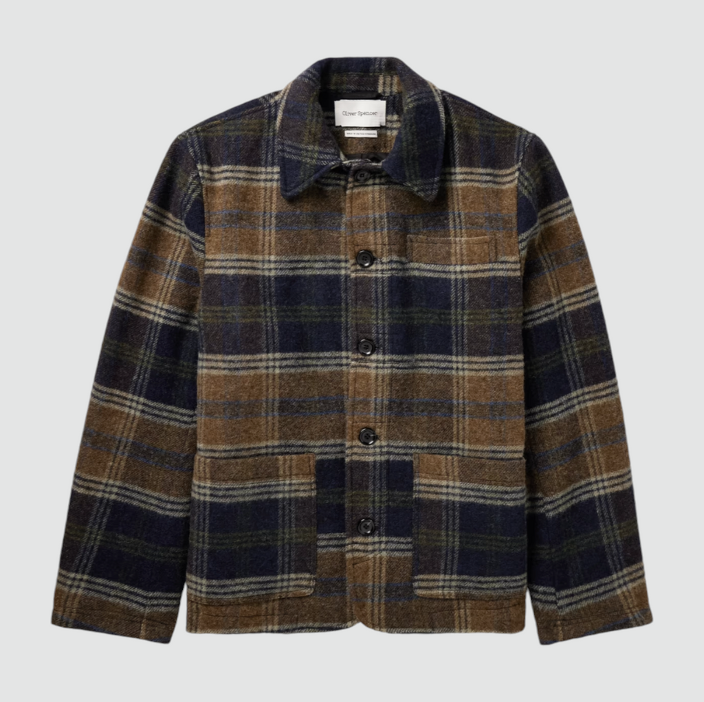 Oliver Spencer Lambeth Jacket in navy and ginger check wool-flannel, relaxed fit with front patch pockets.