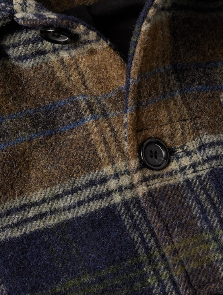Oliver Spencer Lambeth Jacket in navy and ginger check wool-flannel, relaxed fit with front patch pockets.