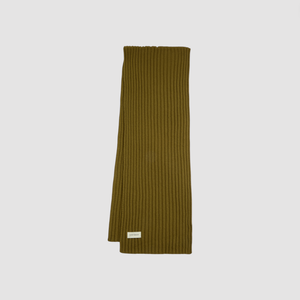 Green ribbed knit scarf on a light gray background.