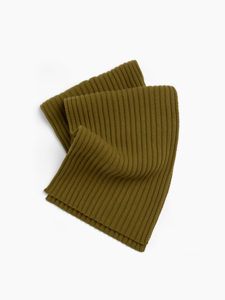 Folded green ribbed scarf on a white background.