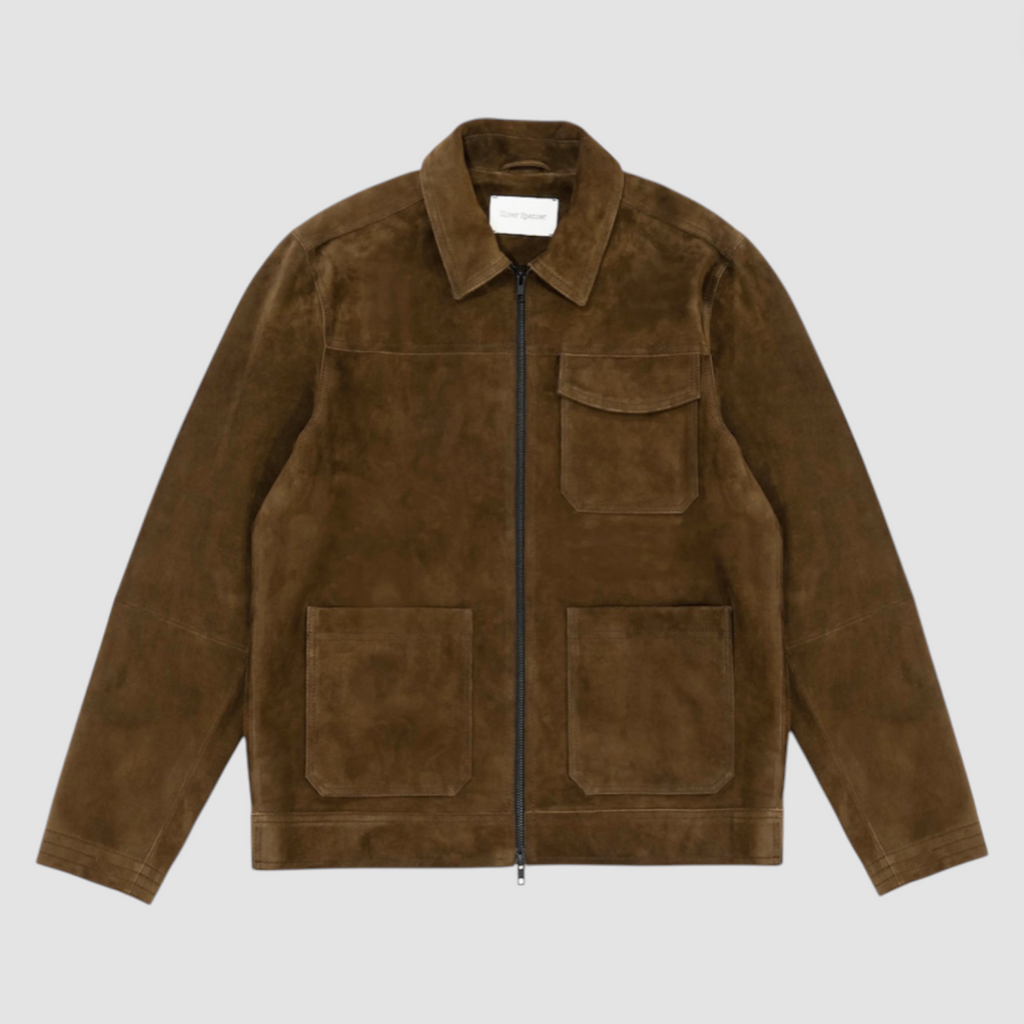 Brown suede jacket on a light gray background.