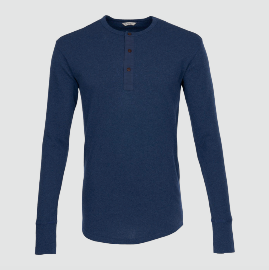 Pike Brothers 1927 Henley Shirt Long Sleeve in Indigo Melange, made from 100% cotton with real coconut buttons and a classic, lightweight design.