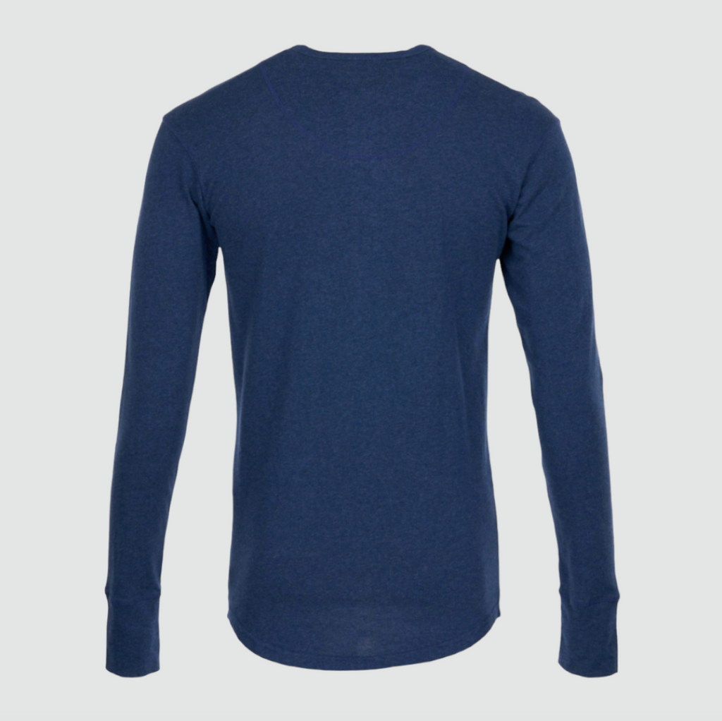 Pike Brothers 1927 Henley Shirt Long Sleeve in Indigo Melange, made from 100% cotton with real coconut buttons and a classic, lightweight design.