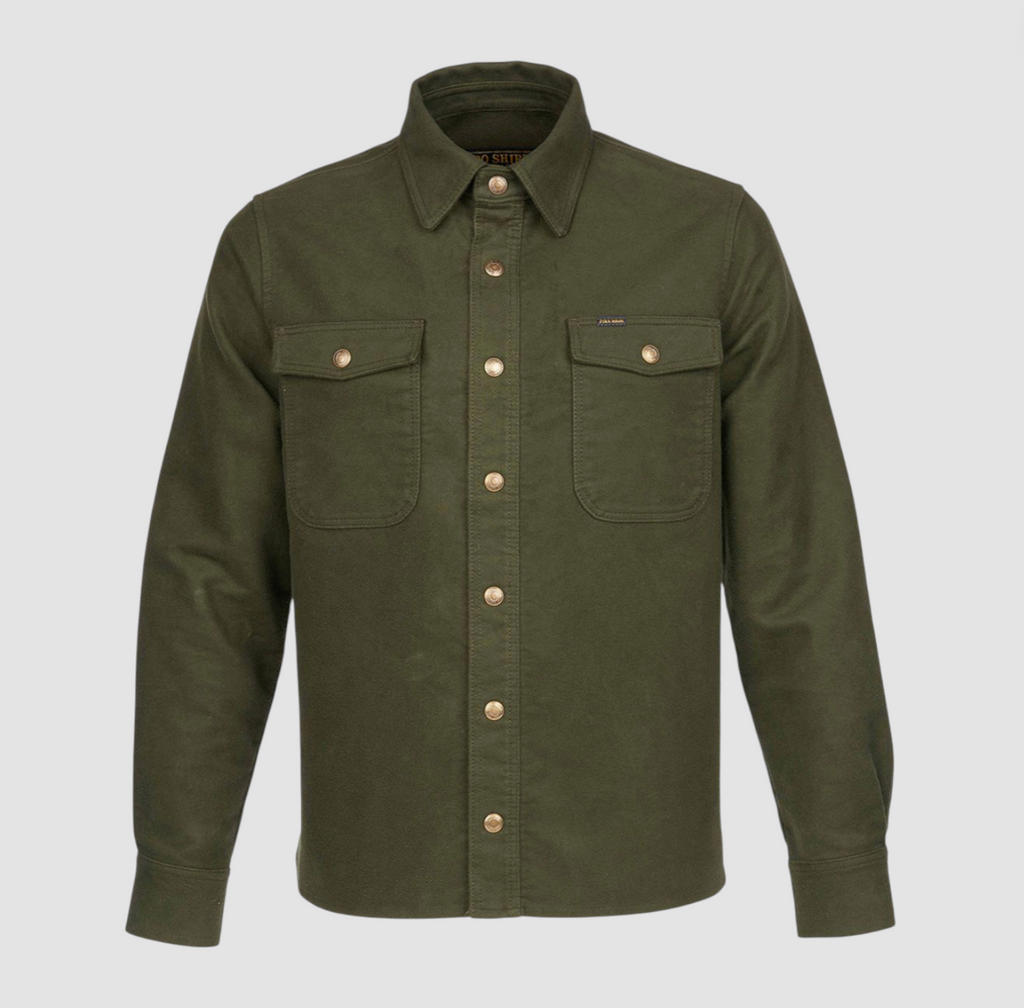 Green overshirt with button details on a light gray background.