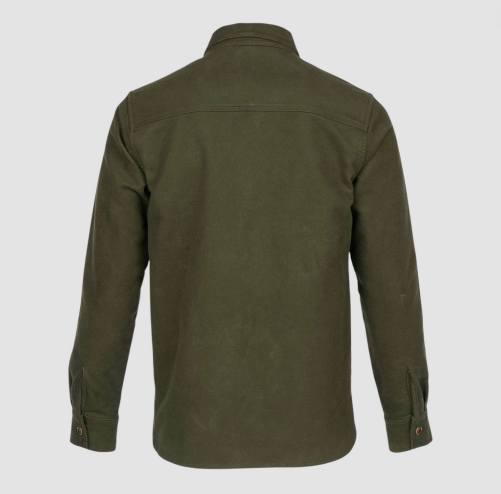 Green overshirt on a light grey background. 