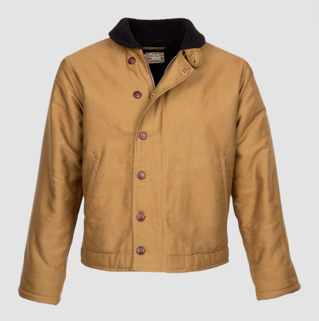 Tan jacket with brown wool collar on a white background.