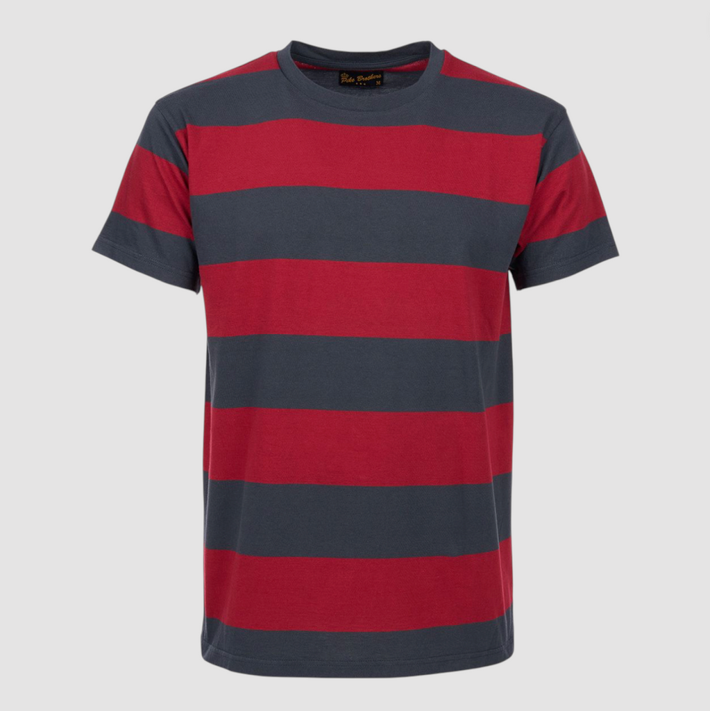 Red and grey striped t-shirt on a light gray background.