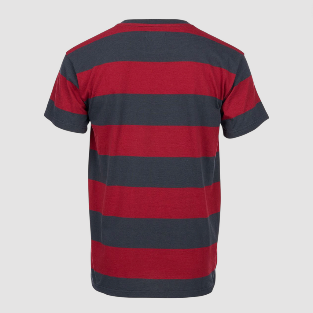 Red and grey striped t-shirt on a gray background.