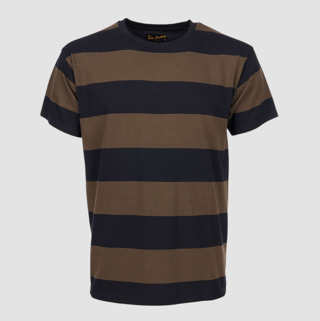Striped t-shirt with black and khaki horizontal stripes on a white background.