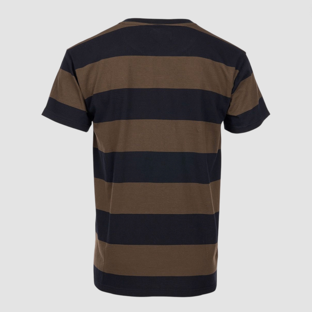 Striped t-shirt with black and khaki horizontal stripes on a white background.