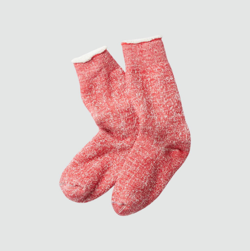 Rototo Double Face Crew Socks in Red, featuring merino wool on the outside and soft organic cotton lining for a thick, sweatshirt-like feel. Made in Japan.
