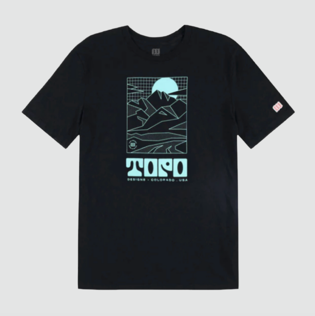 TOPO Designs Arcade Mountain Tee in Black, made from 100% organic cotton with a minimalist graphic print, ribbed collar, and super-soft feel.