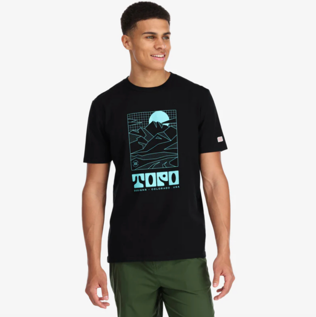 TOPO Designs Arcade Mountain Tee in Black, made from 100% organic cotton with a minimalist graphic print, ribbed collar, and super-soft feel.