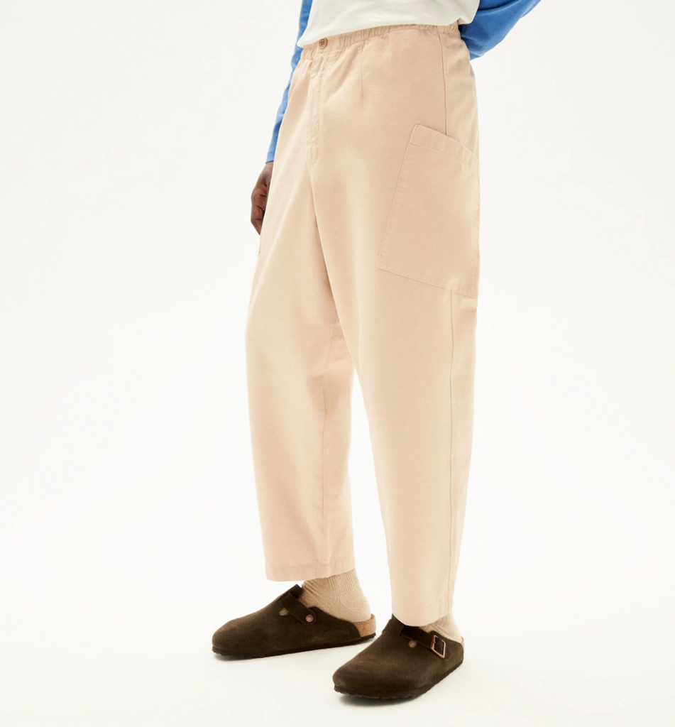 Thinking Mu Max Pants in Ecru - Relaxed-fit organic cotton pants with square leg and back pockets. Made in Turkey