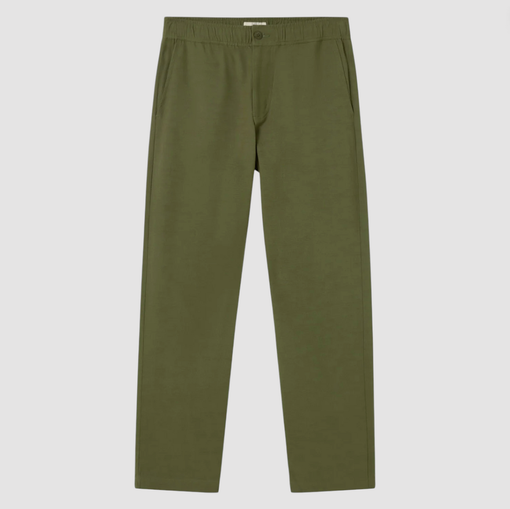 Green Travel Light pants with straight leg, elastic drawstring waist, and front/back pockets.