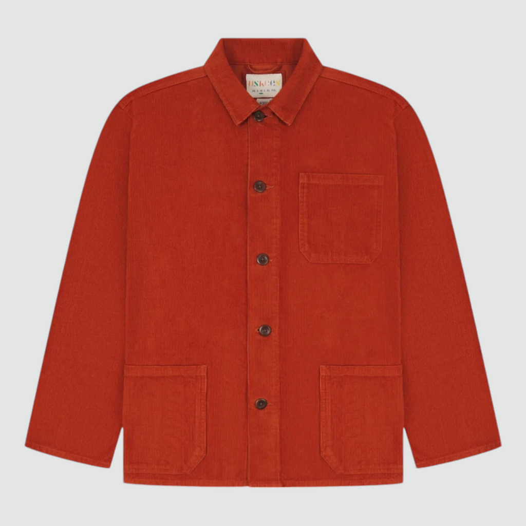 USKEES #3001 Buttoned Cord Overshirt - Rust, 100% organic corduroy, boxy design, deep pockets, reinforced elbows, and corozo buttons.