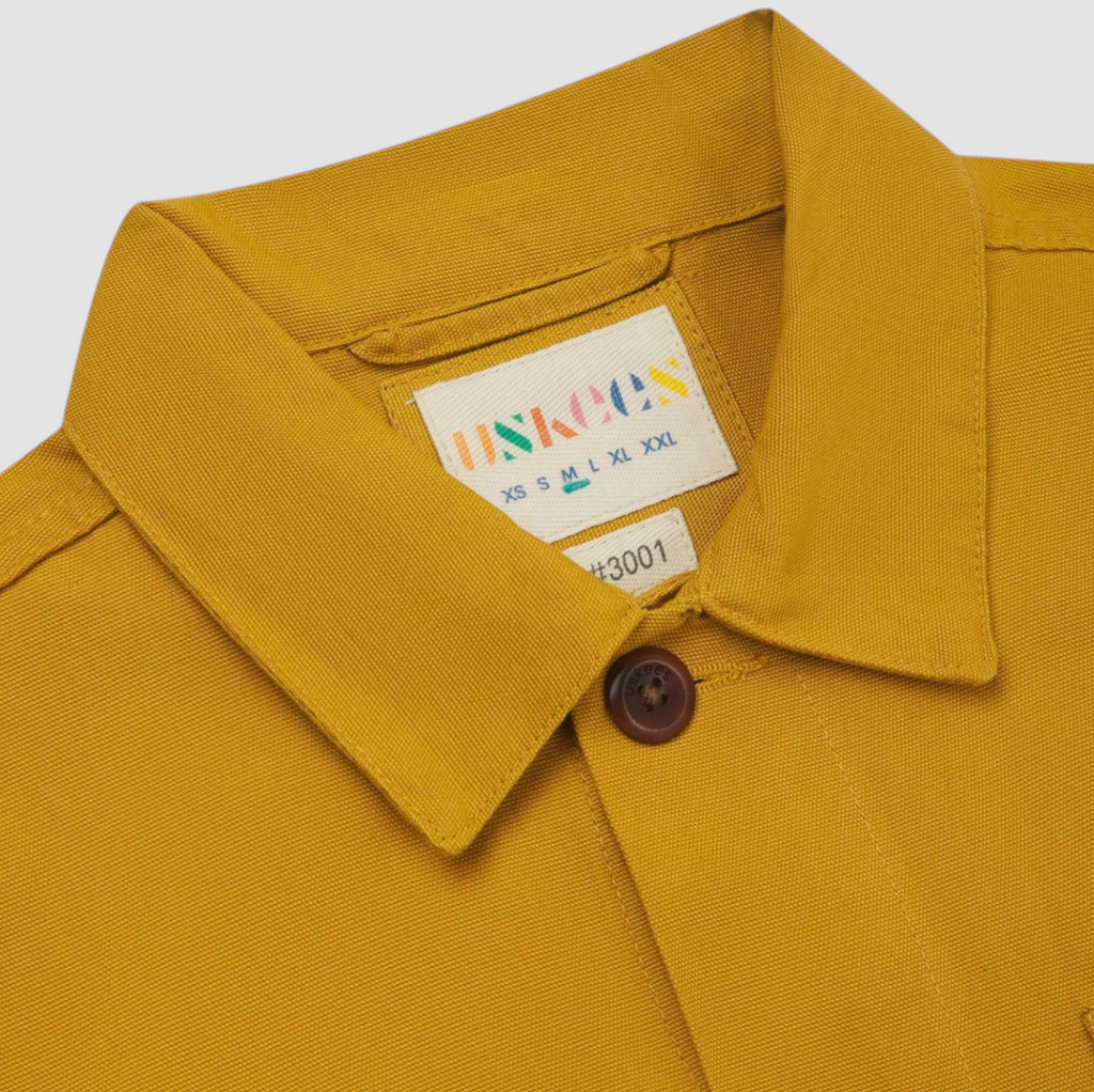 USKEES #3001 Buttoned Overshirt - Yellow, 100% organic cotton, deep pockets, reinforced elbows, and durable corozo buttons.