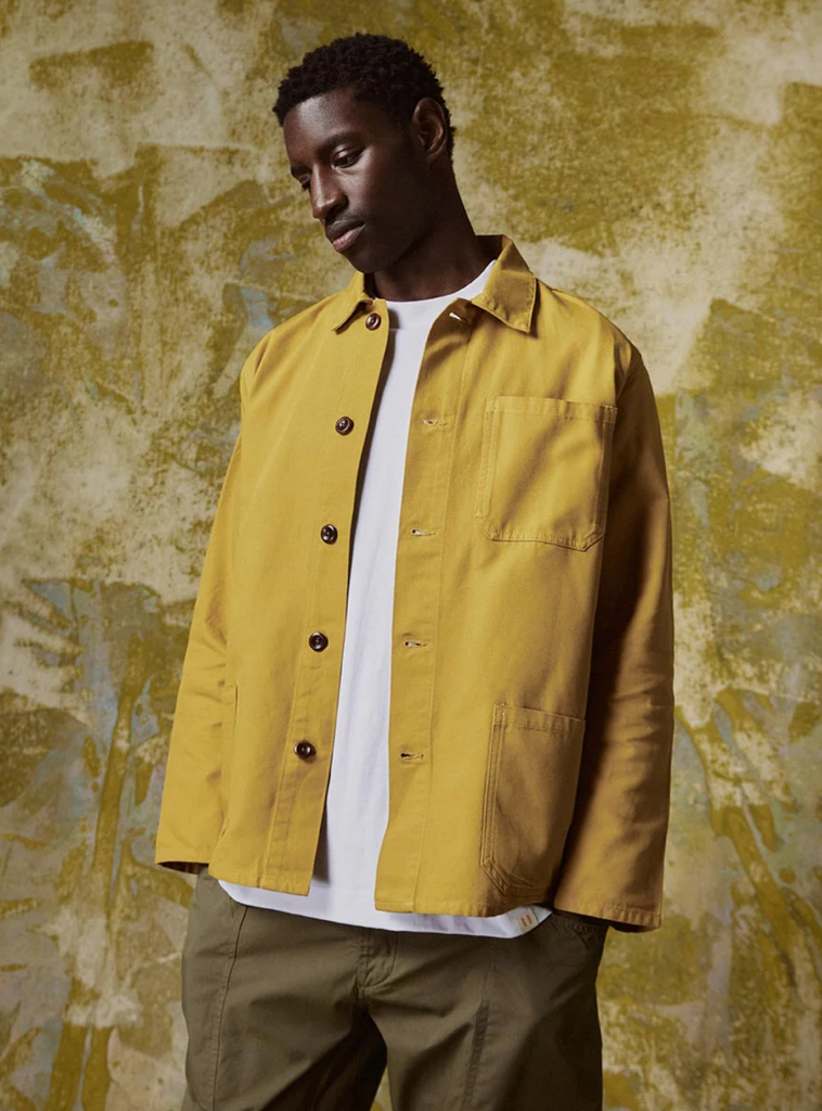 USKEES #3001 Buttoned Overshirt - Yellow, 100% organic cotton, deep pockets, reinforced elbows, and durable corozo buttons.