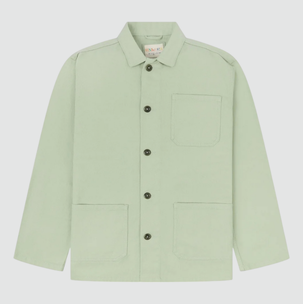 USKEES #3001 Drill Overshirt - Silver Green, 385gsm organic cotton drill, reinforced elbows, deep pockets, and corozo buttons.