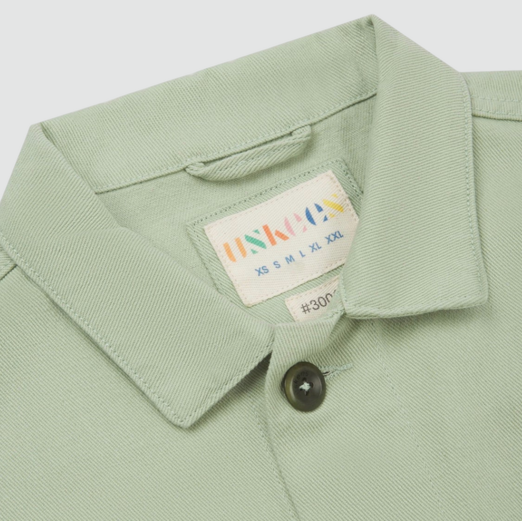 USKEES #3001 Drill Overshirt - Silver Green, 385gsm organic cotton drill, reinforced elbows, deep pockets, and corozo buttons.