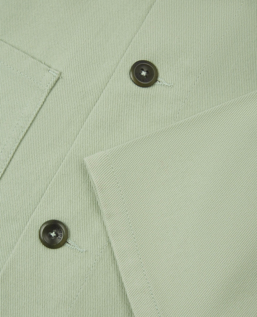 USKEES #3001 Drill Overshirt - Silver Green, 385gsm organic cotton drill, reinforced elbows, deep pockets, and corozo buttons.