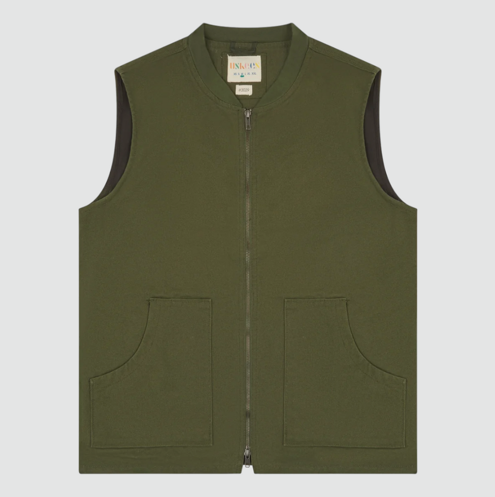 USKEES #3029 Canvas Vest in Coriander - Durable organic cotton canvas with patch pockets. Lined for warmth, modeled by Salim in medium size