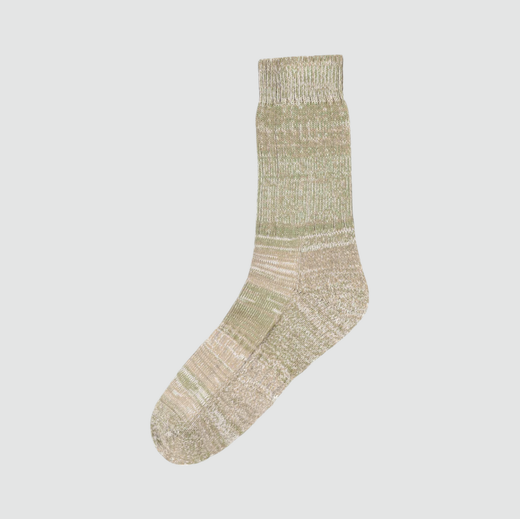 Close-up of USKEES #4006 Khaki Mix Organic Cotton Socks, featuring a hand-knit design, organic cotton, and ribbed arch for improved fit.