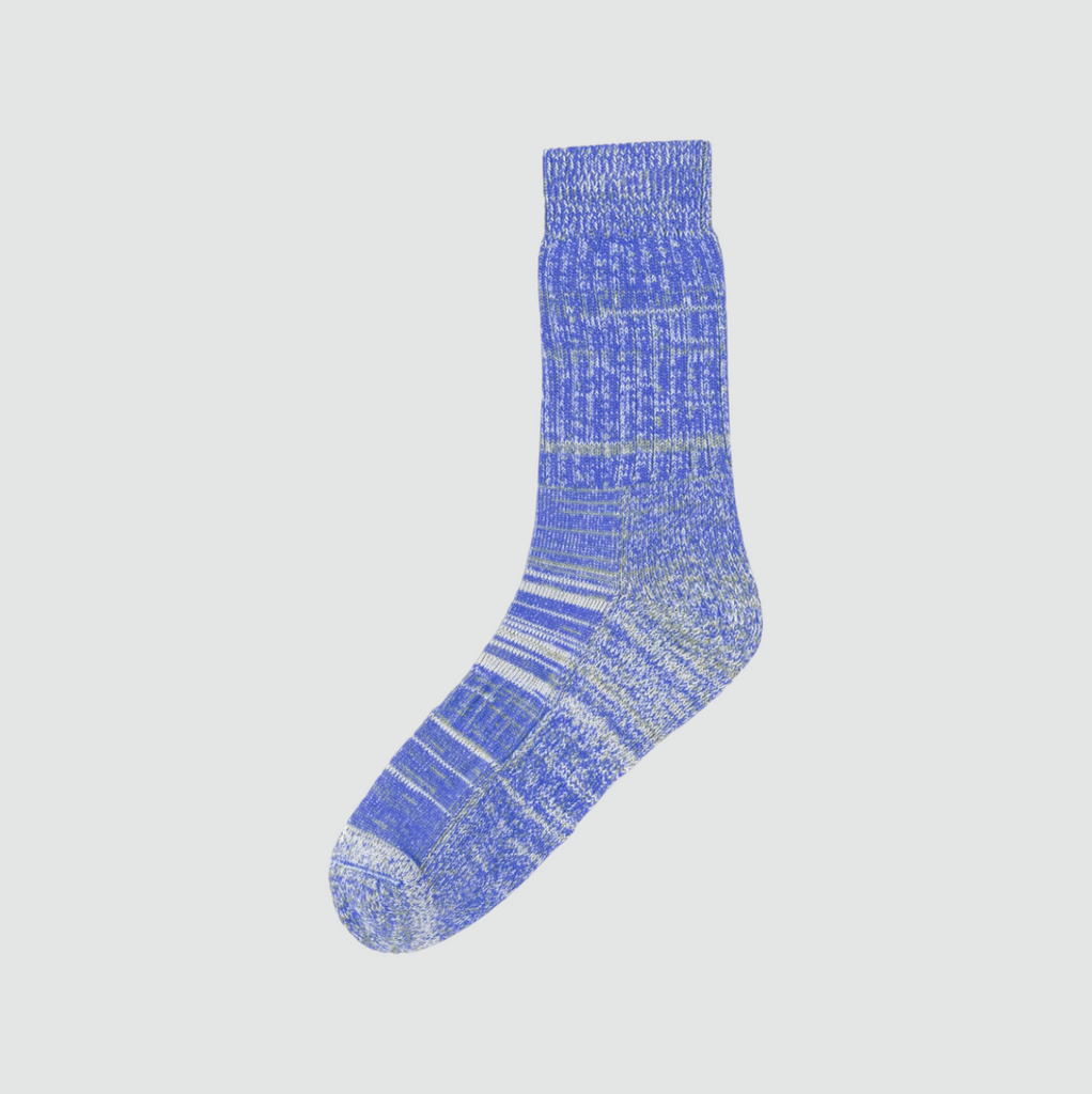 USKEES #4006 Organic Cotton Sock in Ultra Blue Mix, eco-friendly design with unique random parallel knit, made in Scotland from GOTS-certified cotton.