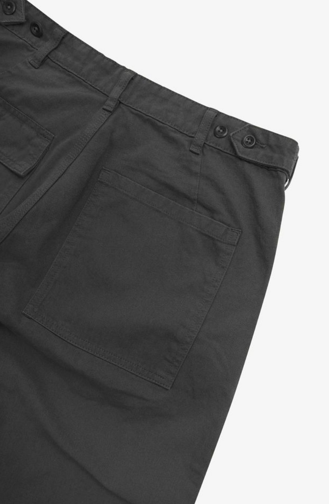 Dark gray pants with a pocket on a white background.