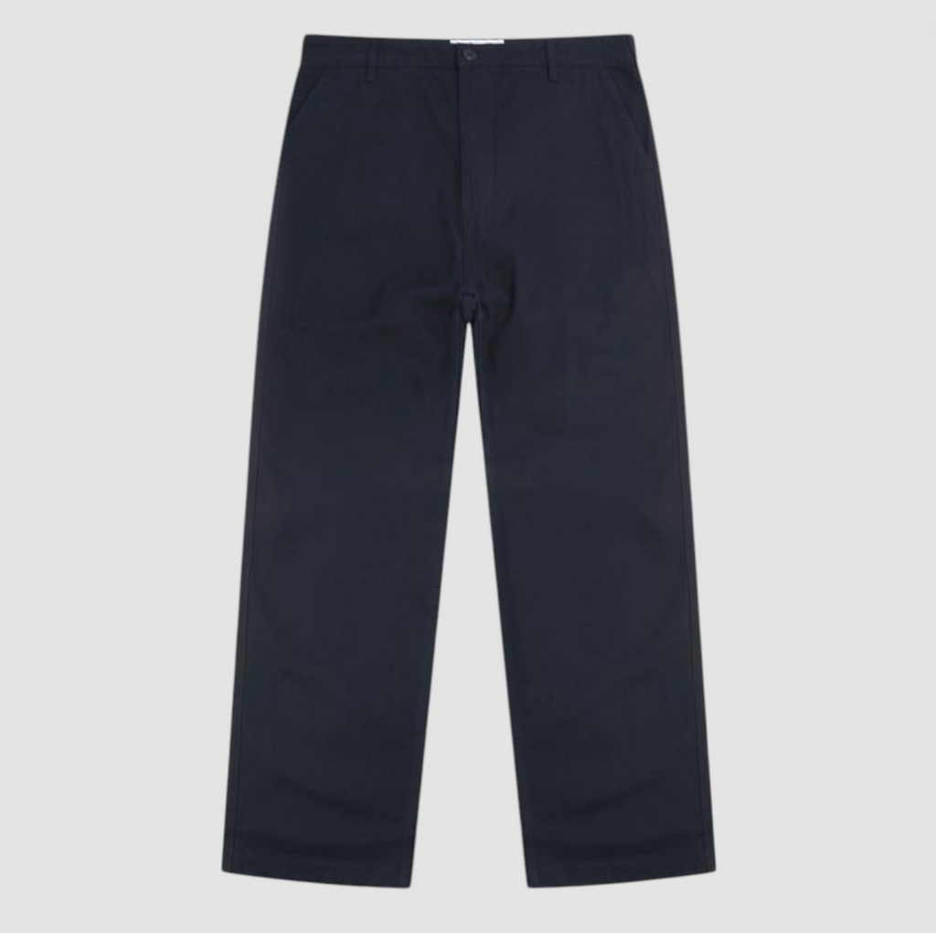 Navy pants on a light gray background.