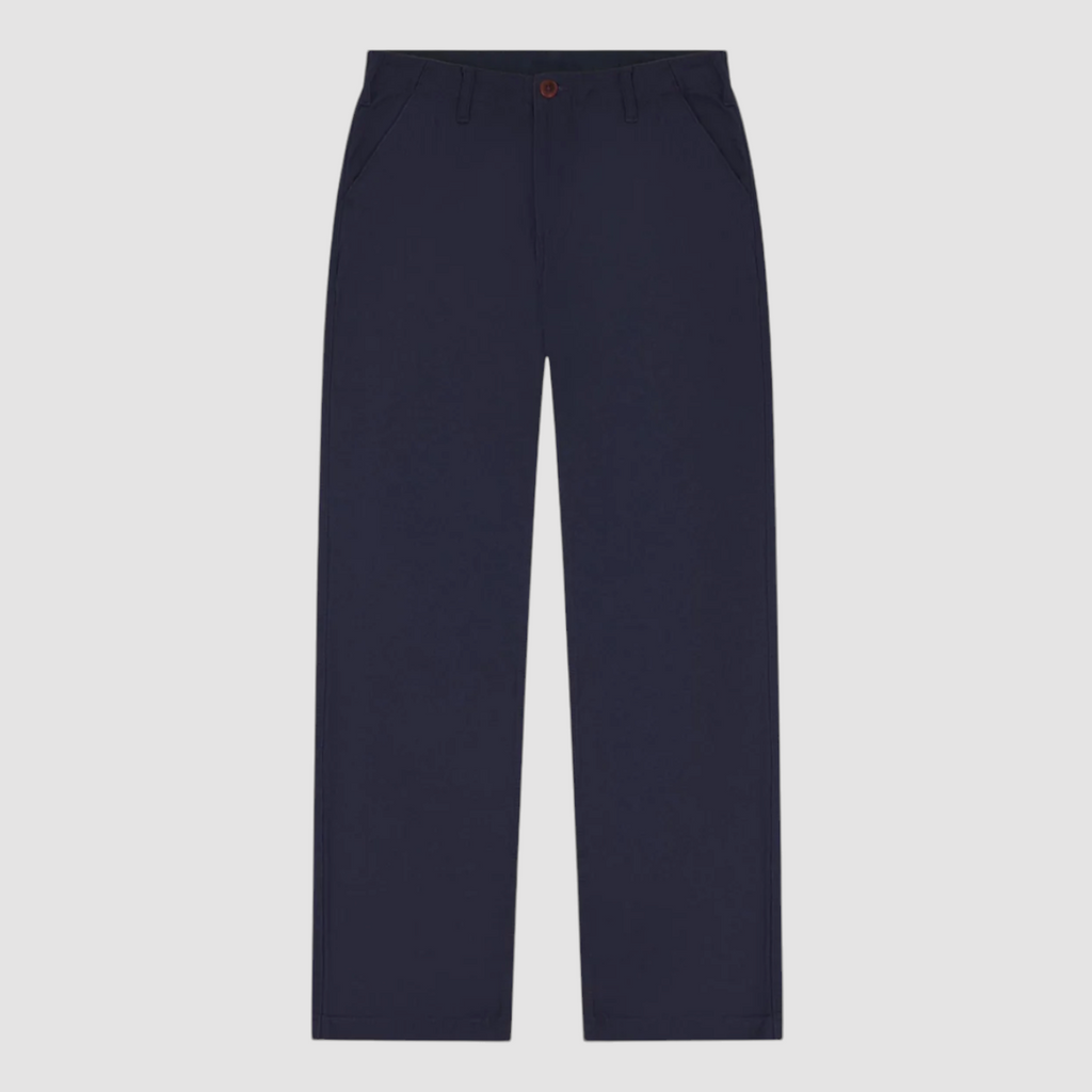 USKEES #5005 Workwear Pants in Midnight Blue, 100% organic cotton, tapered fit, deep pockets, corozo buttons, and durable triple stitching.