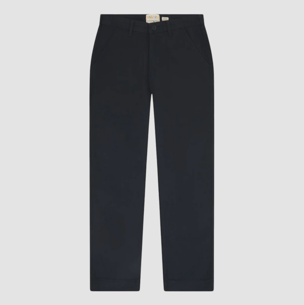 USKEES #5016 Drill Commuter Pants in Blueberry, GOTS-certified organic cotton, straight leg fit, reinforced inseam, corozo buttons, and reverse patch pockets.