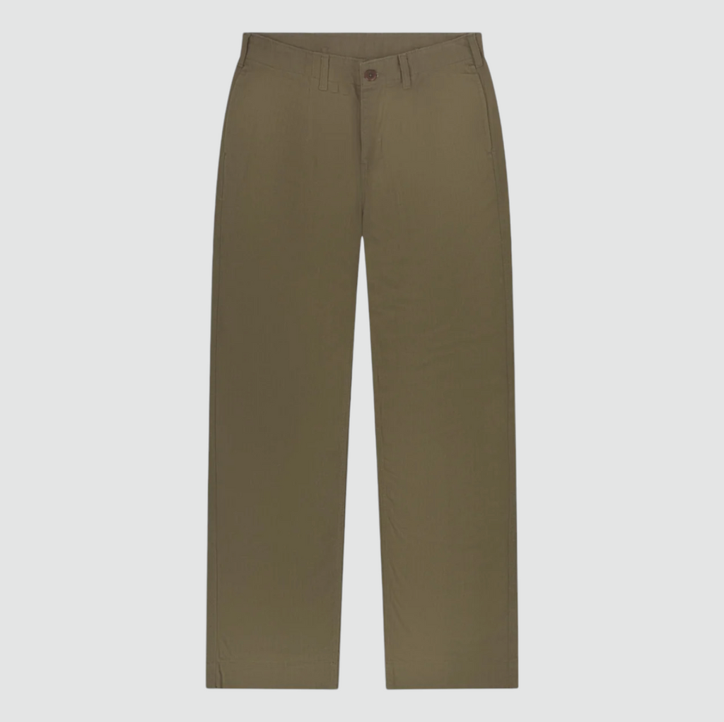 USKEES #5022 Barrel Leg Pants in Dark Taupe, 100% organic cotton herringbone, baggy fit with tapered hem, cinch-back strap, and deep front pockets.