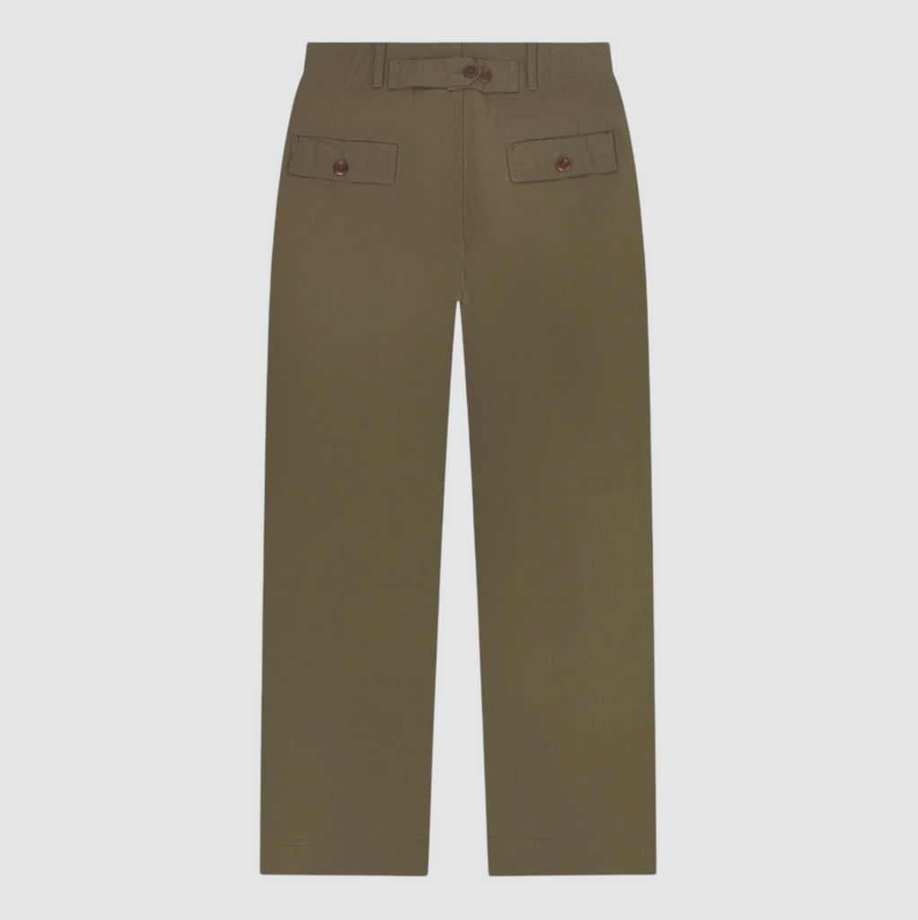 USKEES #5022 Barrel Leg Pants in Dark Taupe, 100% organic cotton herringbone, baggy fit with tapered hem, cinch-back strap, and deep front pockets.