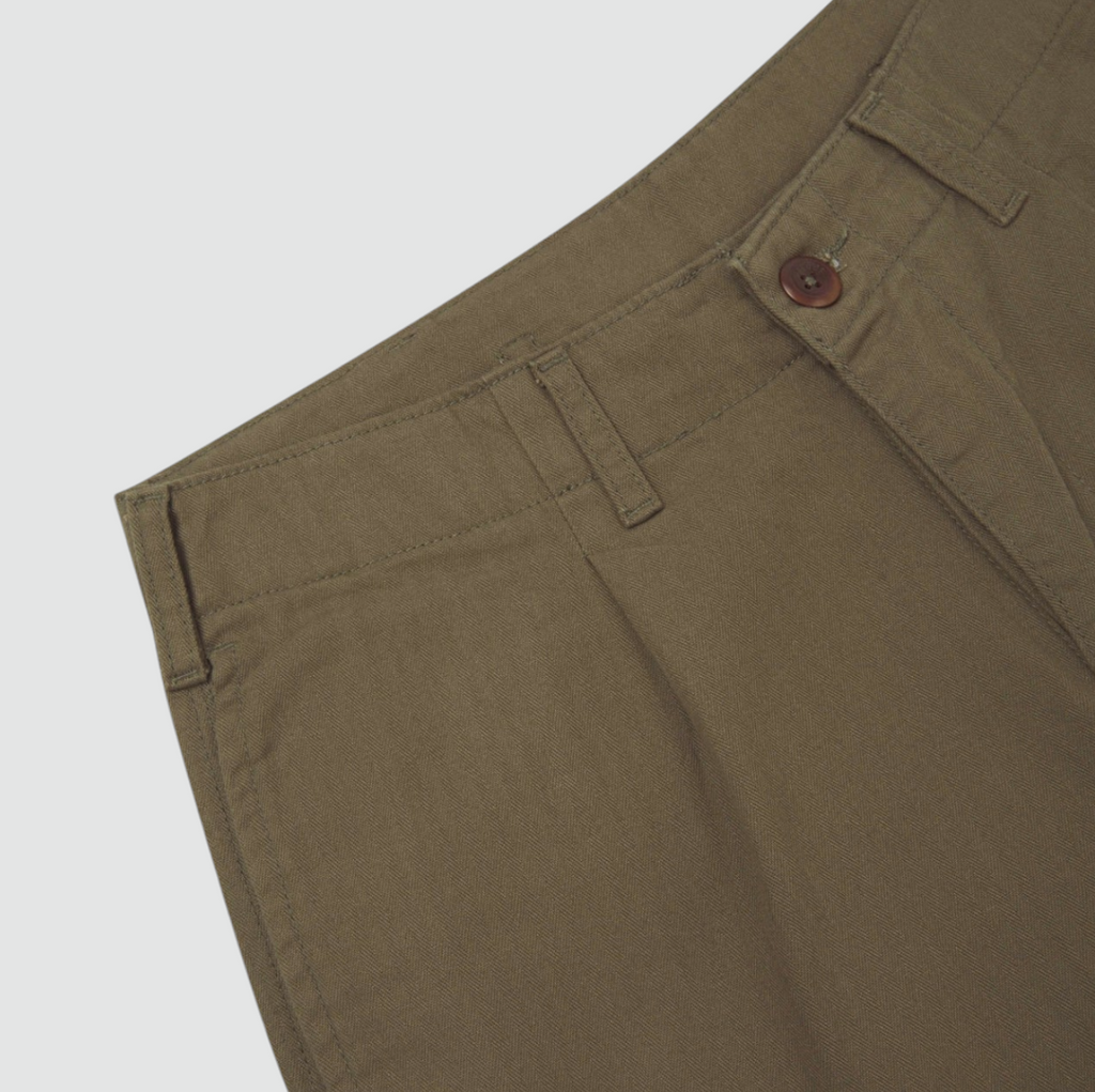 USKEES #5022 Barrel Leg Pants in Dark Taupe, 100% organic cotton herringbone, baggy fit with tapered hem, cinch-back strap, and deep front pockets.