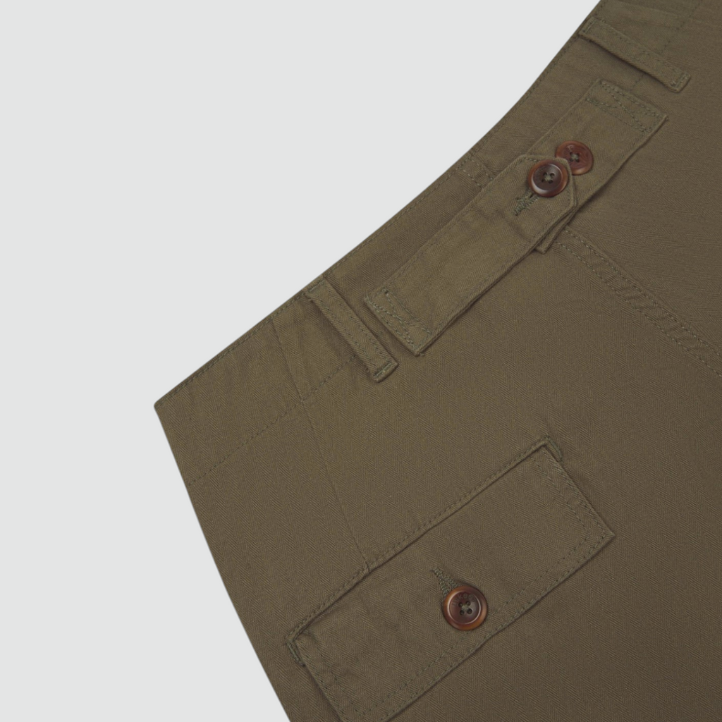 USKEES #5022 Barrel Leg Pants in Dark Taupe, 100% organic cotton herringbone, baggy fit with tapered hem, cinch-back strap, and deep front pockets.