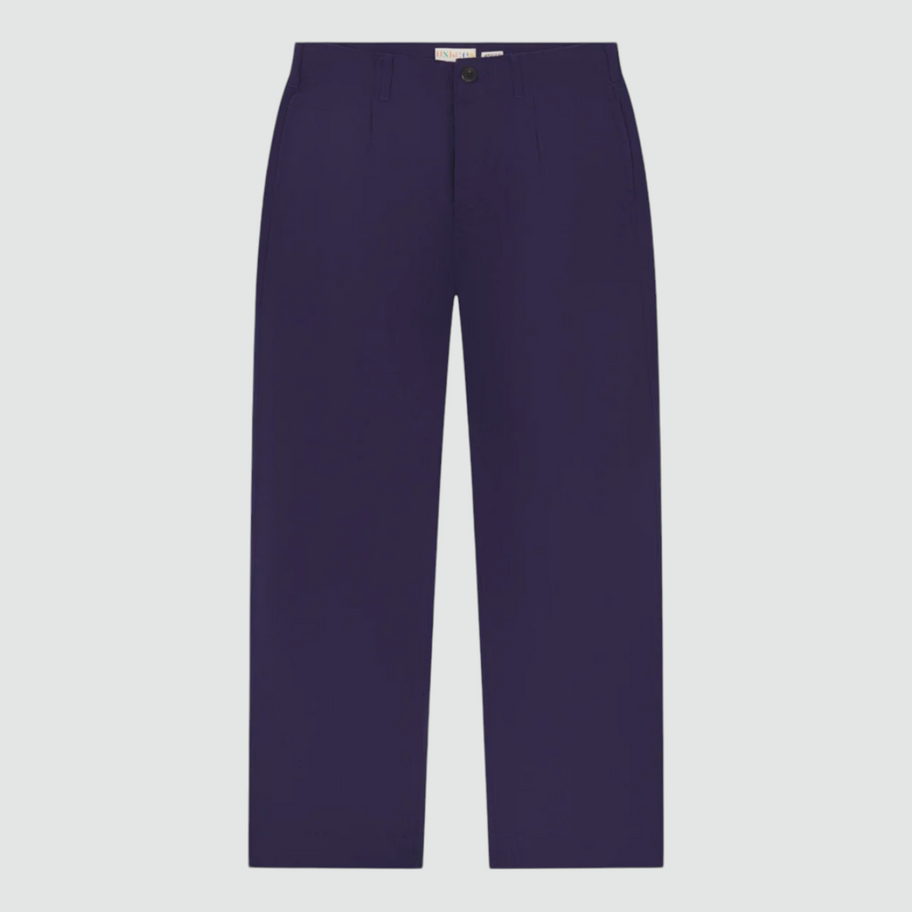 USKEES #5022 Barrel Leg Pants in Deep Indigo, 100% organic cotton herringbone, baggy fit with tapered cuff, cinch-back strap, and deep front pockets.