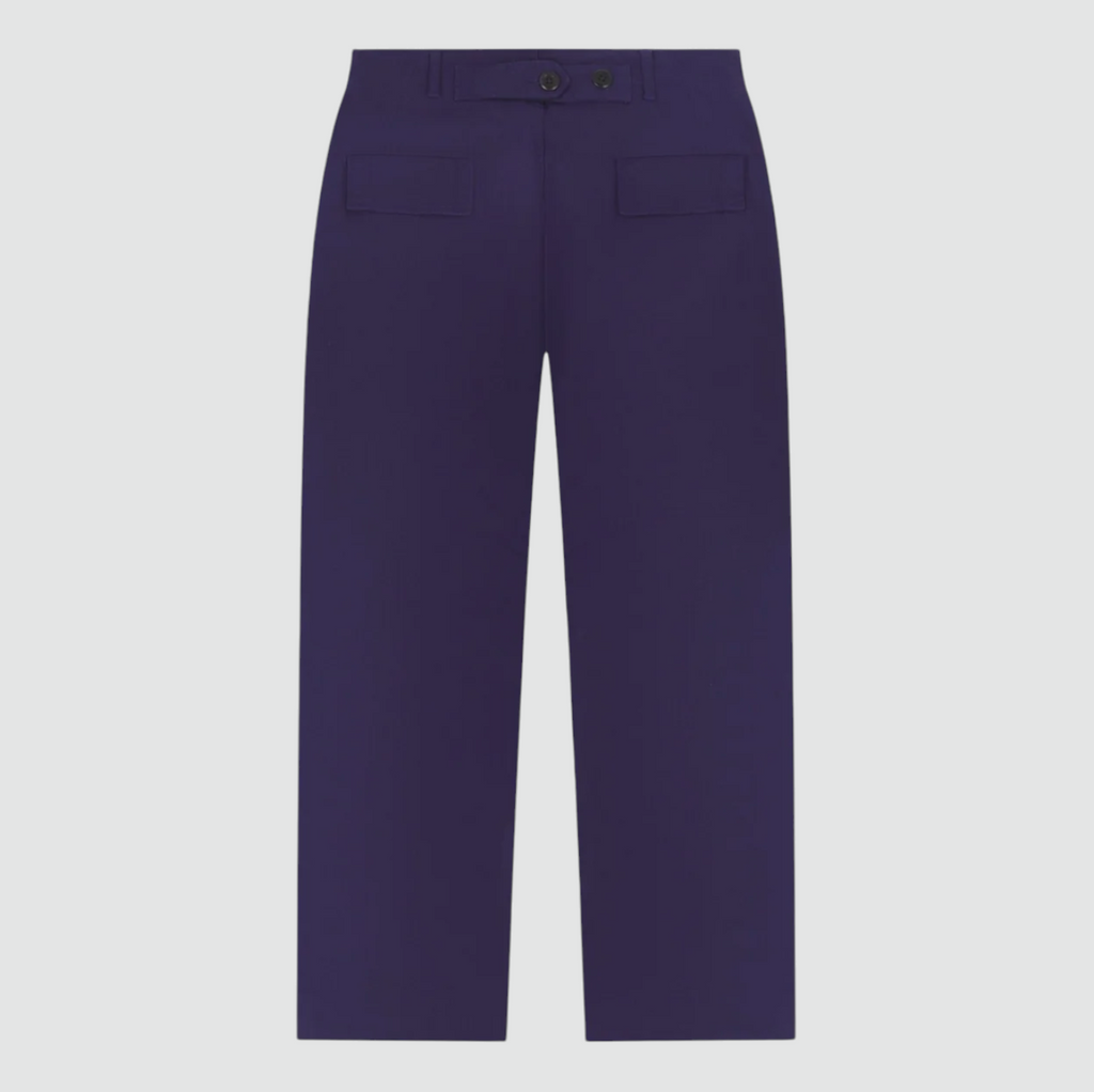 USKEES #5022 Barrel Leg Pants in Deep Indigo, 100% organic cotton herringbone, baggy fit with tapered cuff, cinch-back strap, and deep front pockets.