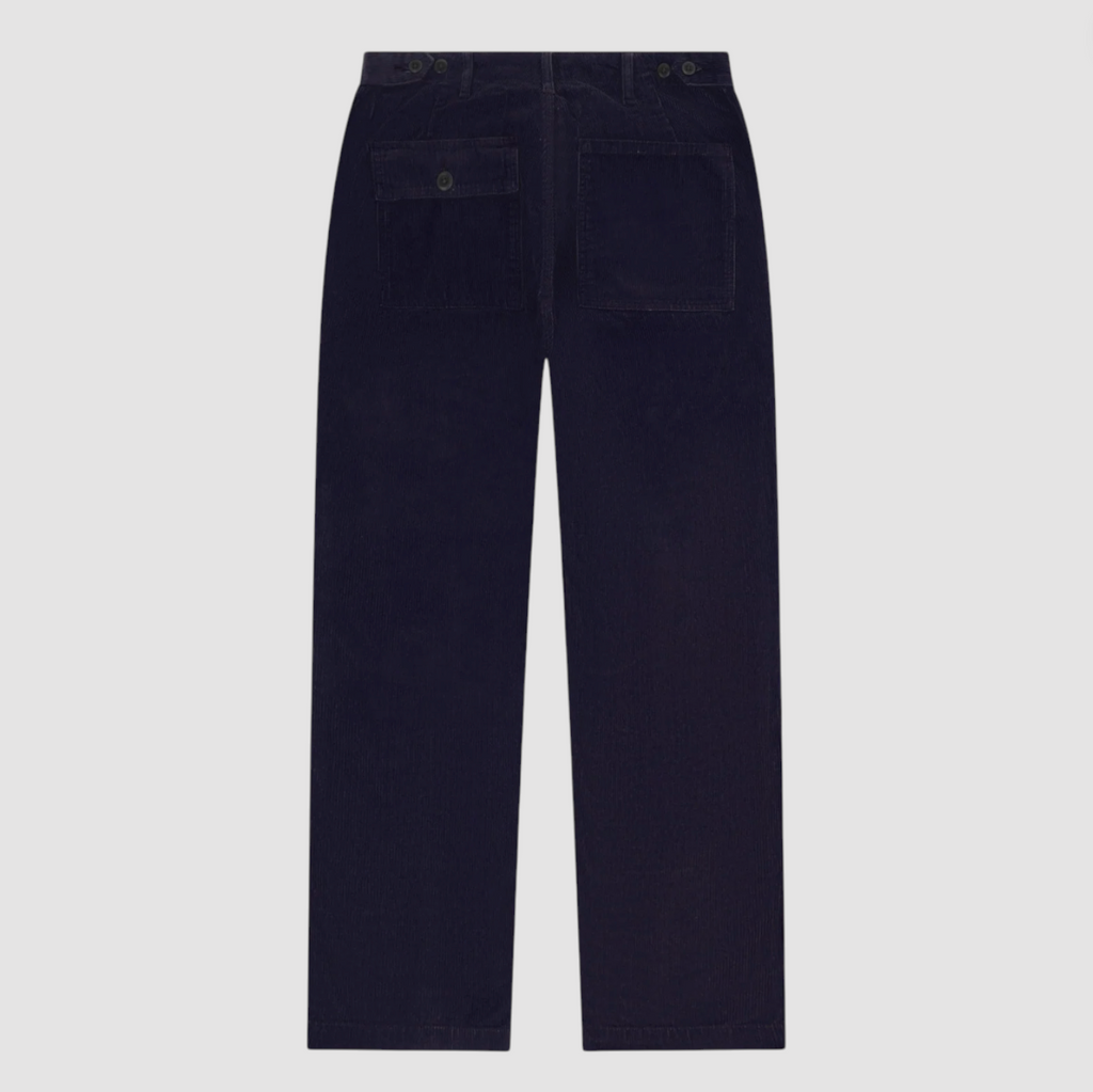 Navy blue corduroy pants on a light gray background.