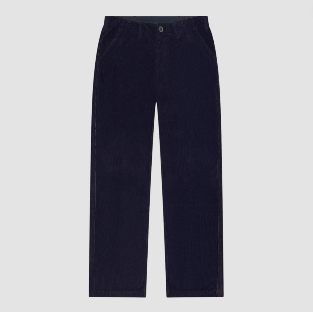 Navy blue corduroy pants on a light gray background.
