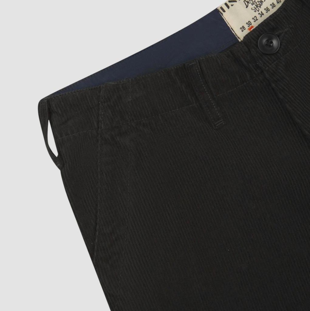 Close-up of grey corduroy pants on a light gray background.