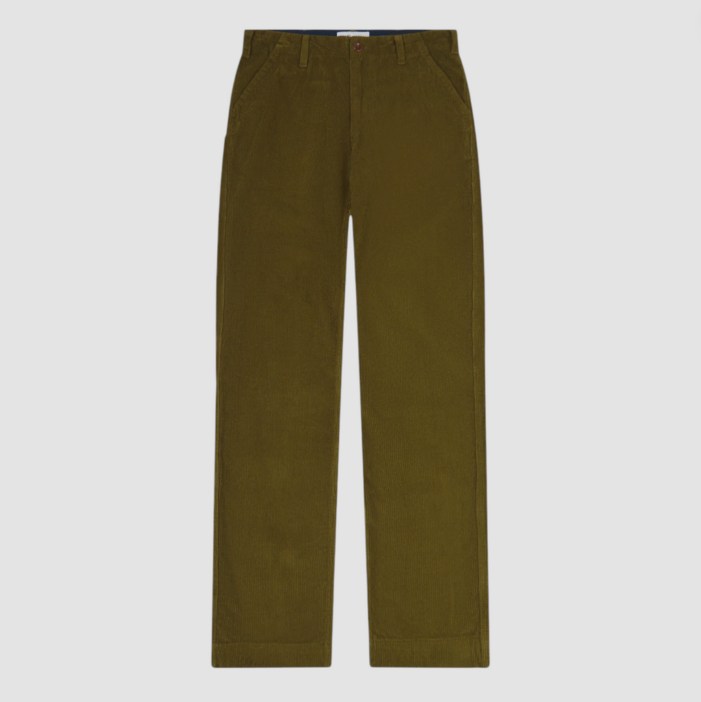 Green corduroy pants on a light gray background.