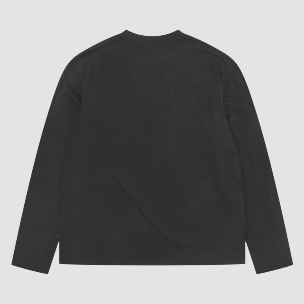 Black long-sleeve shirt on a light gray background.